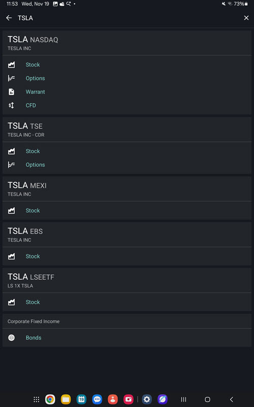 The symbol product list on the android tablet